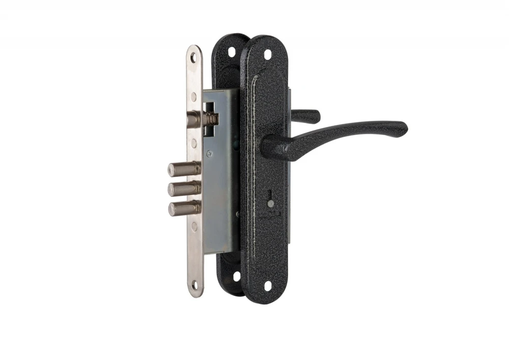 Фото Замок врезной сувальдный с защёлкой в комплекте с ручкой ЗВ9.009/17 (серебро), 4 кл.